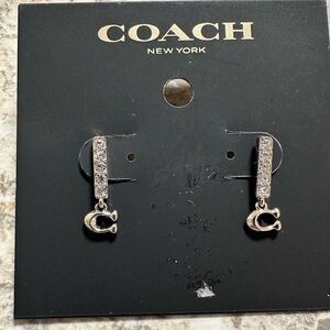 NEW Coach Signature Silver Pave Bar Huggie Earrings
